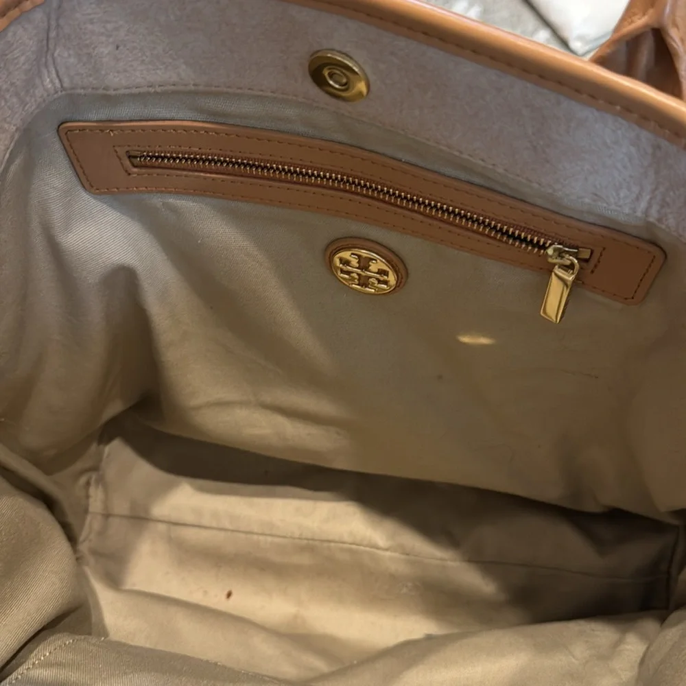 Tory Burch Beige Canvas and Tan Leather Tote